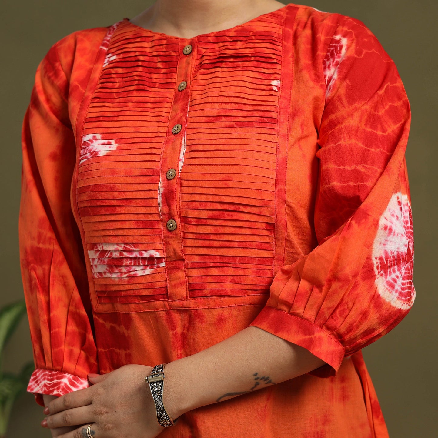 Red - tie-dye cotton pintuck shibori dress 01 - handcrafted