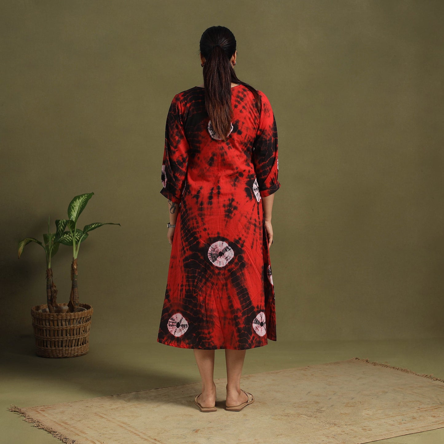 Red - tie-dye cotton pintuck shibori dress 02 - handcrafted