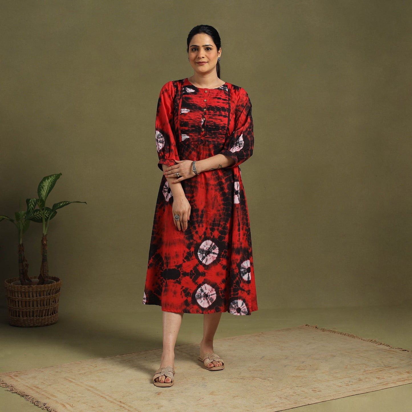 Red - tie-dye cotton pintuck shibori dress 02 - handcrafted