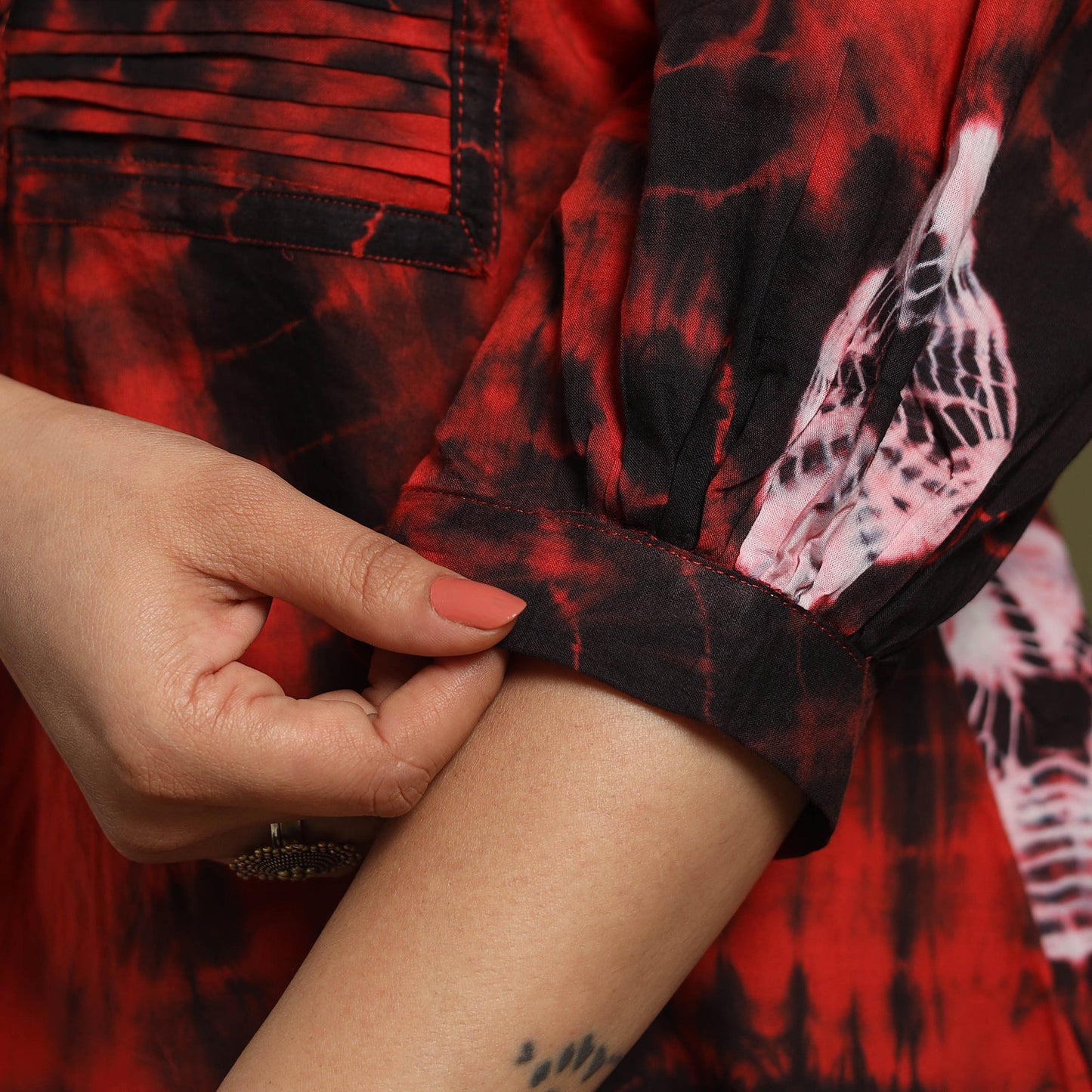 Red - tie-dye cotton pintuck shibori dress 02 - handcrafted