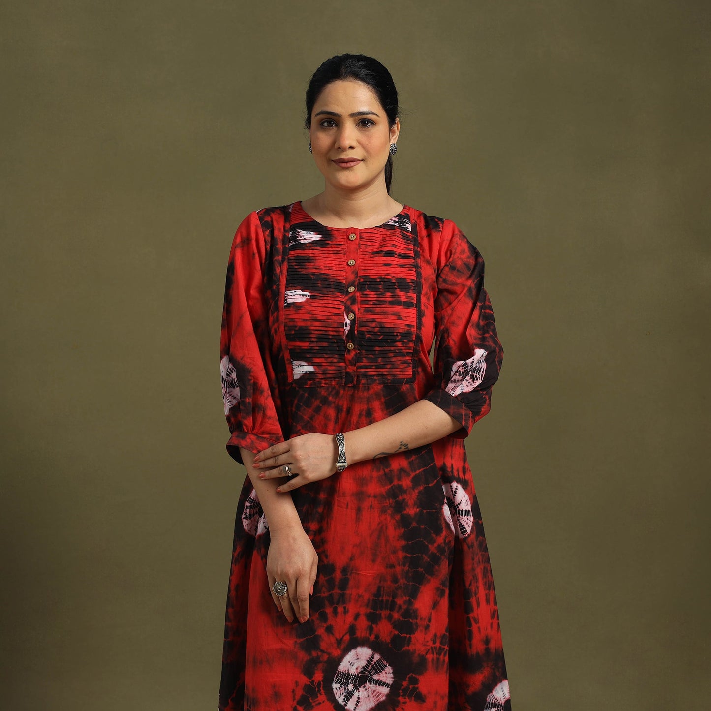 Red - tie-dye cotton pintuck shibori dress 02 - handcrafted