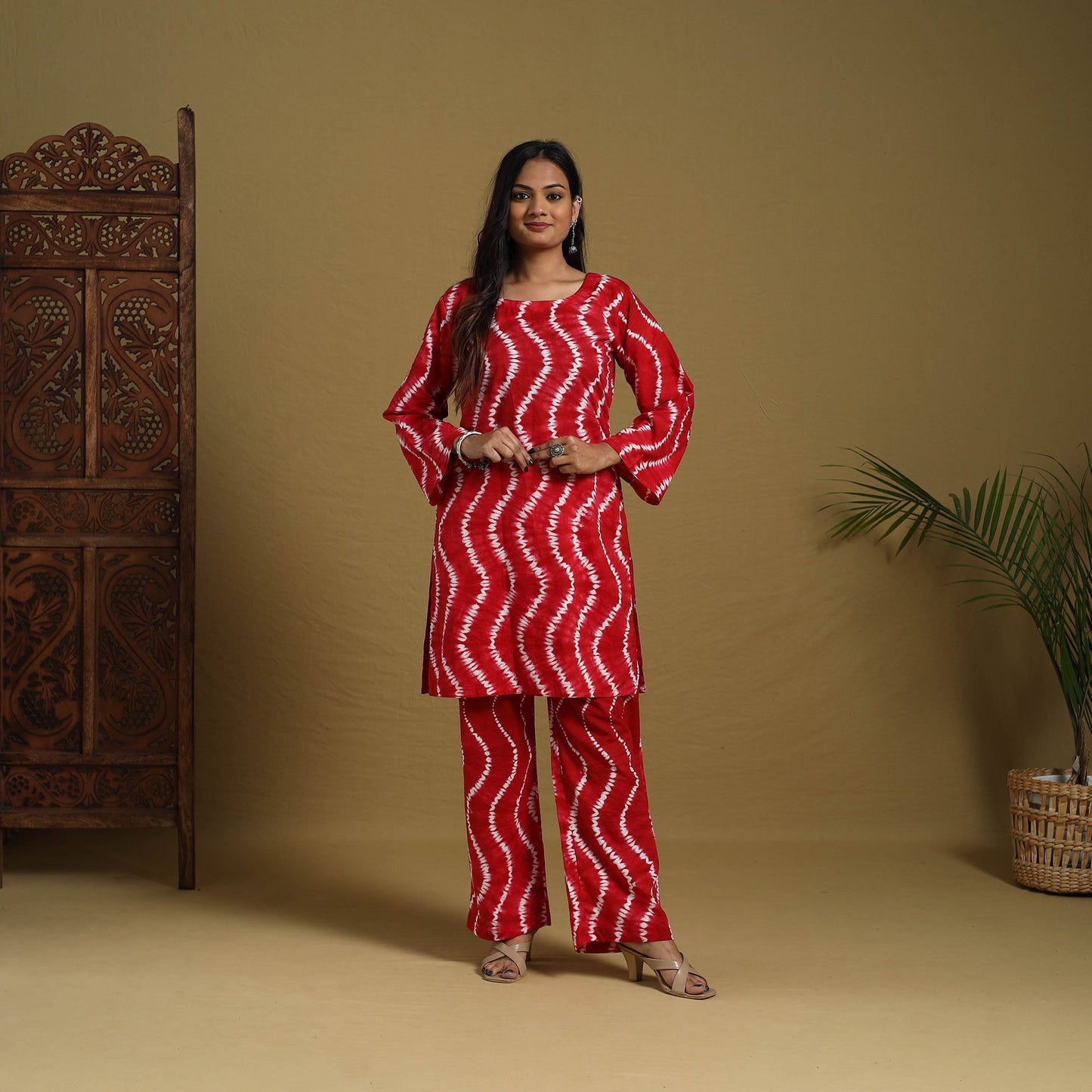 Buy Red Tie & Dye Cotton Shibori Co-Ord Set Online in India