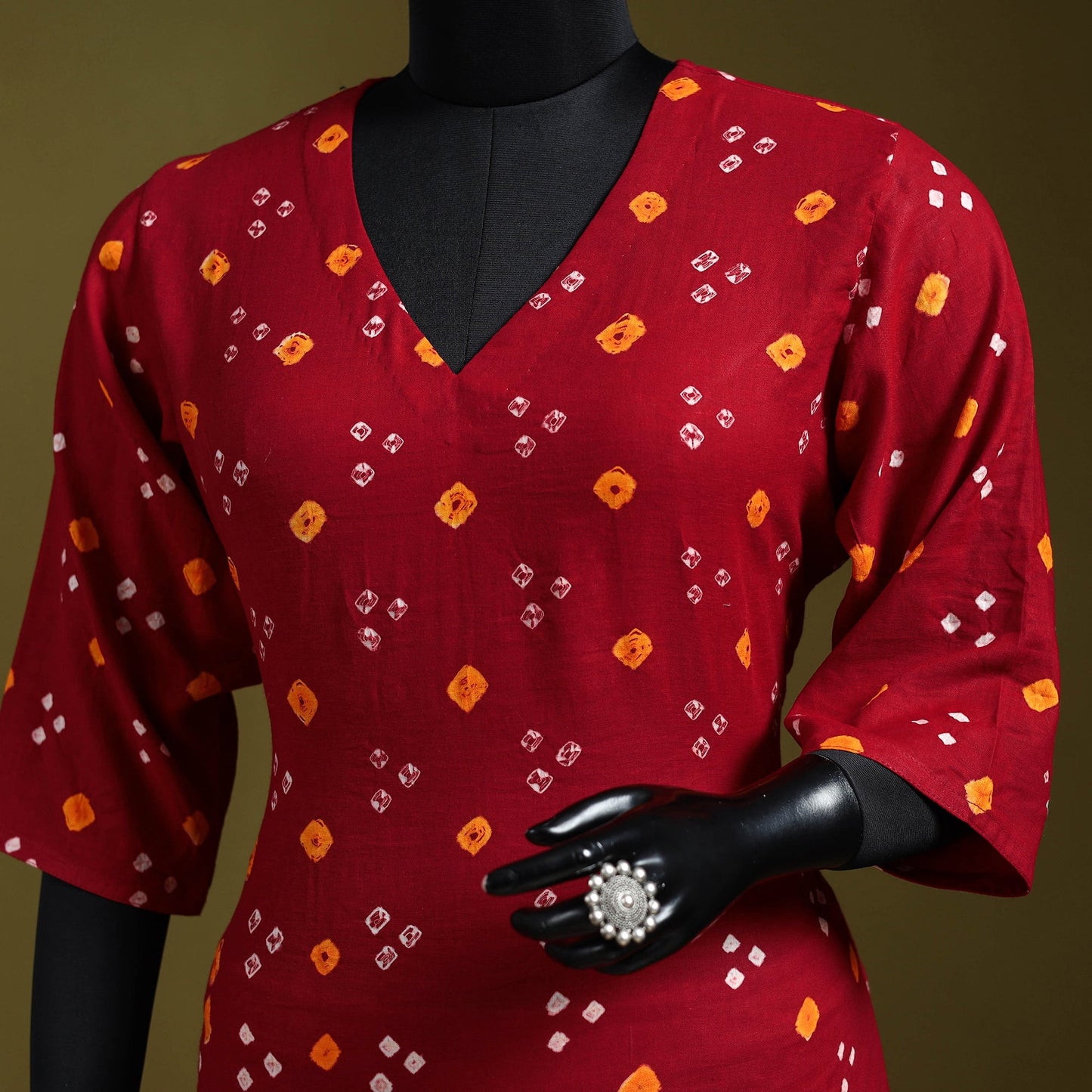 Red - tie-dye cotton short bandhani kurta 03 - handcrafted