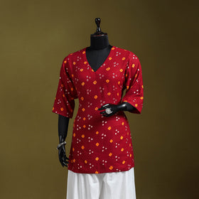Red - tie-dye cotton short bandhani kurta 03 - handcrafted