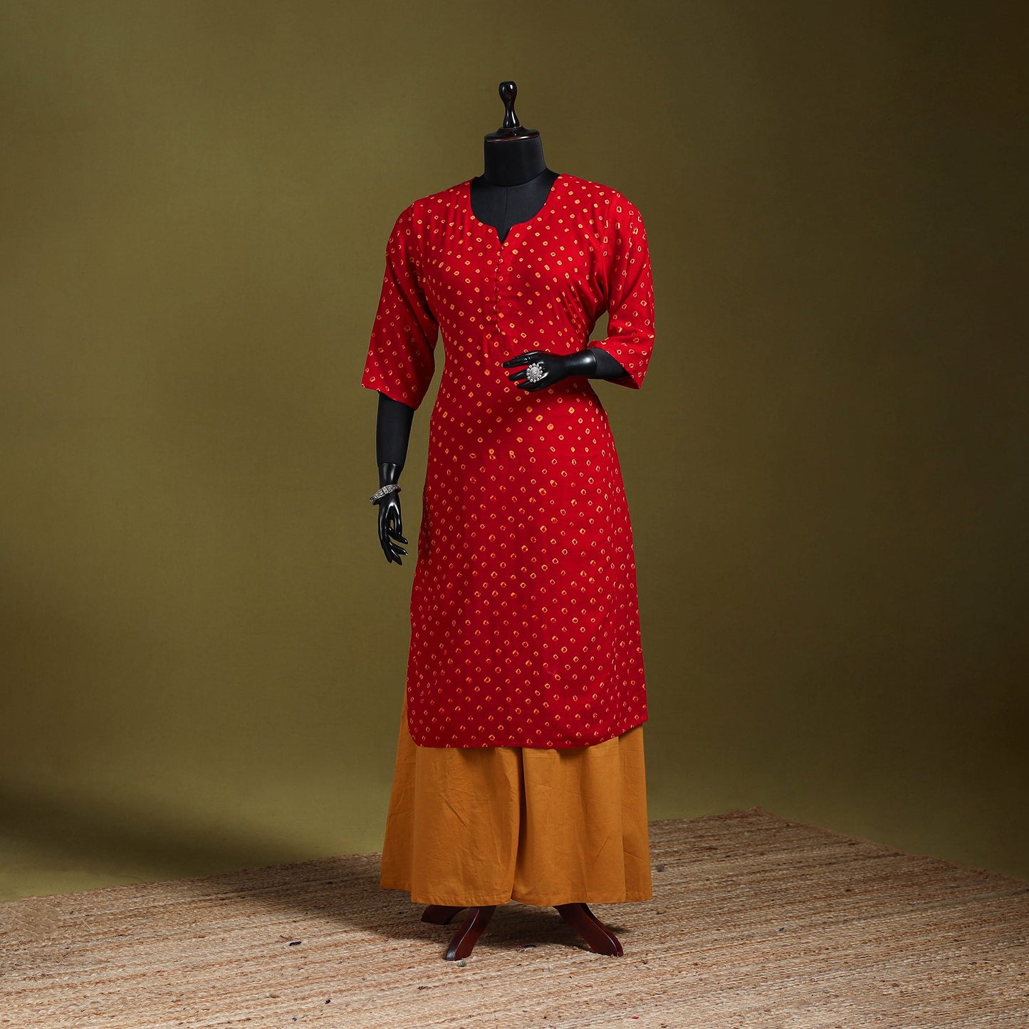 Red - tie-dye cotton straight bandhani kurta 09