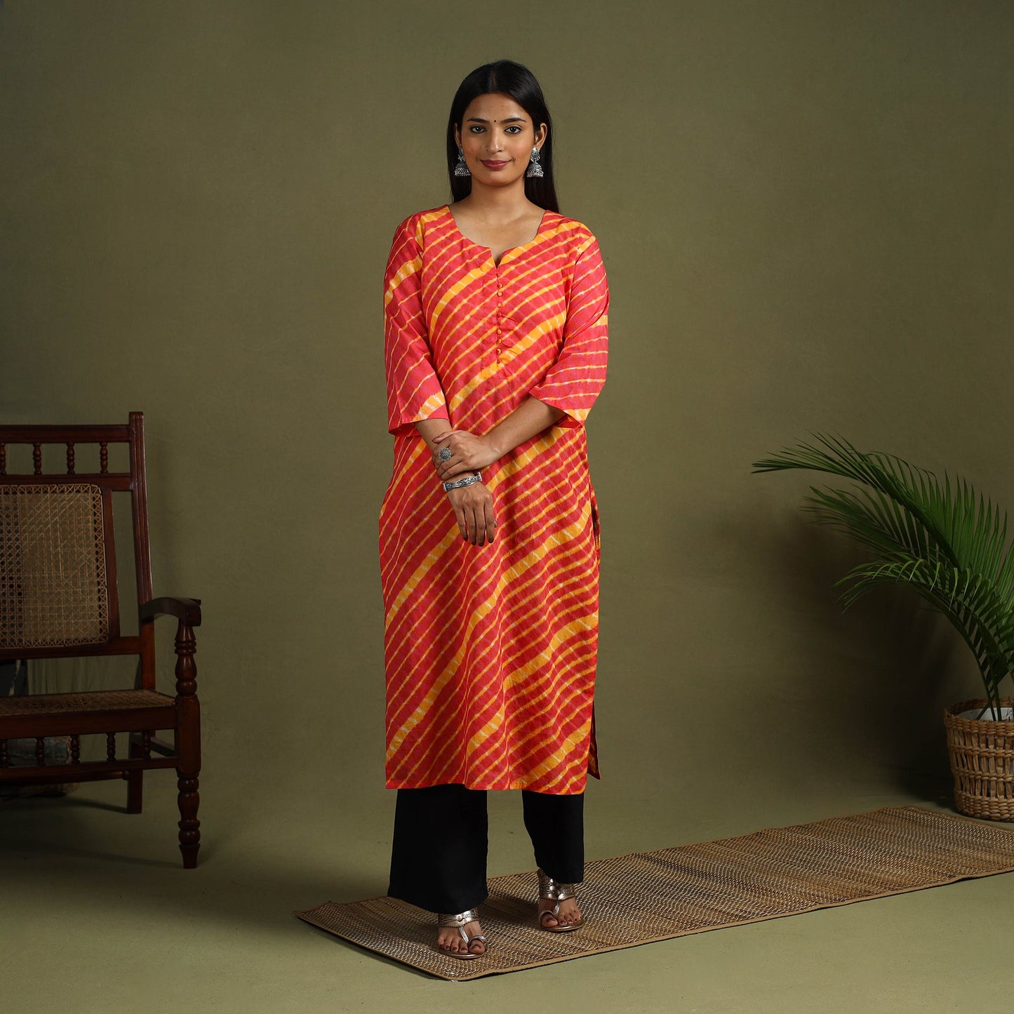 Buy Red Tie-Dye Cotton Straight Leheriya Kurta