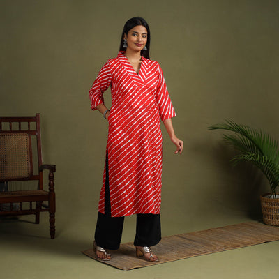  Red Tie-Dye Cotton Straight Leheriya Kurta