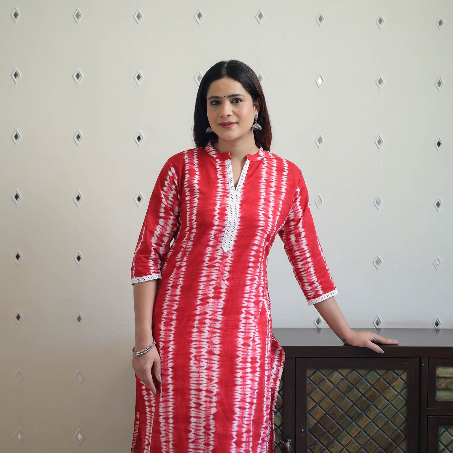  Red Tie & Dye Cotton Straight Shibori Kurta for Women
