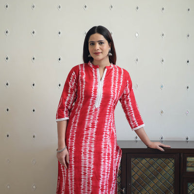  Red Tie & Dye Cotton Straight Shibori Kurta for Women