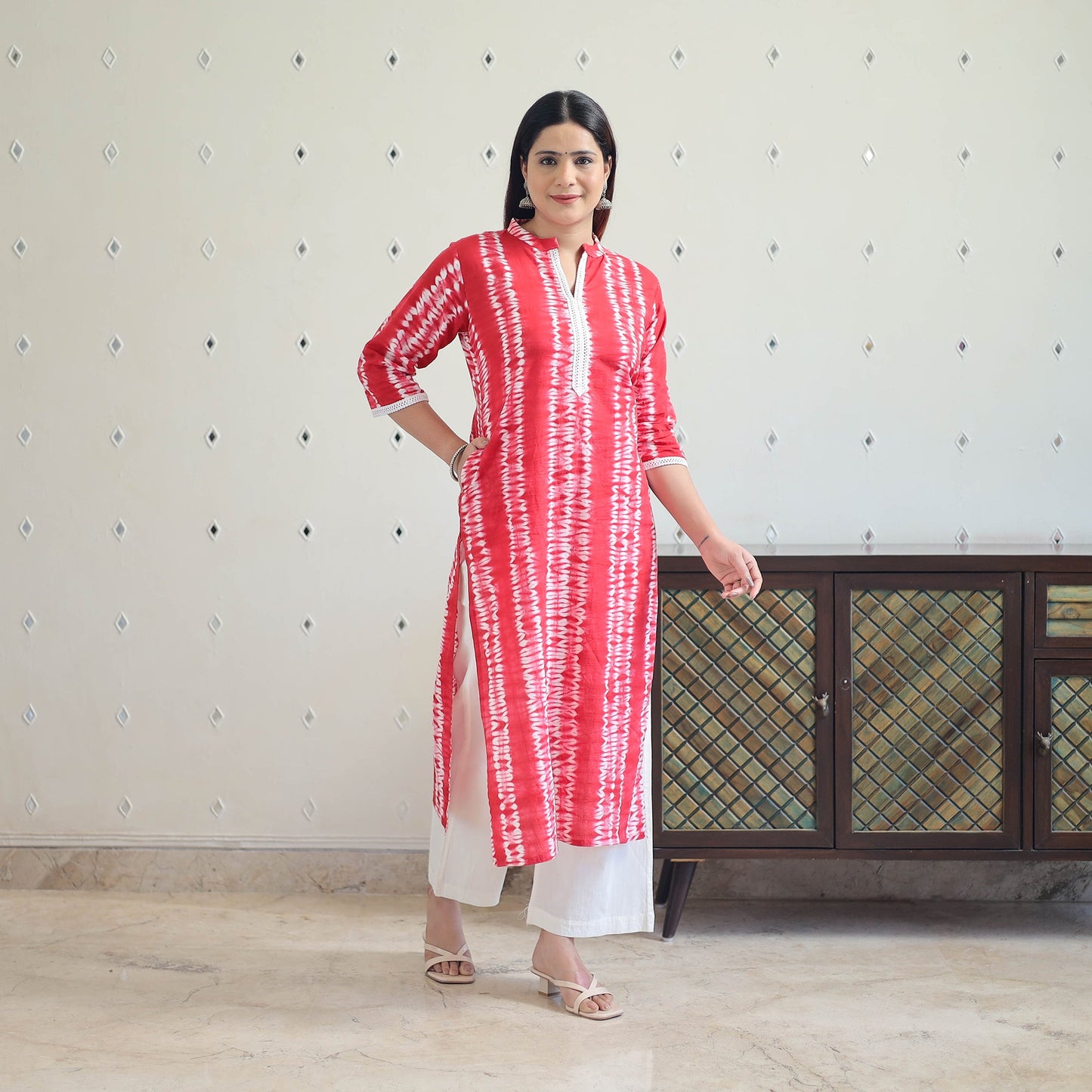  Red Tie & Dye Cotton Straight Shibori Kurta for Women