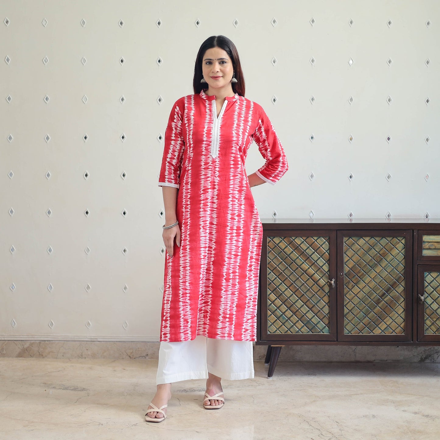  Red Tie & Dye Cotton Straight Shibori Kurta for Women