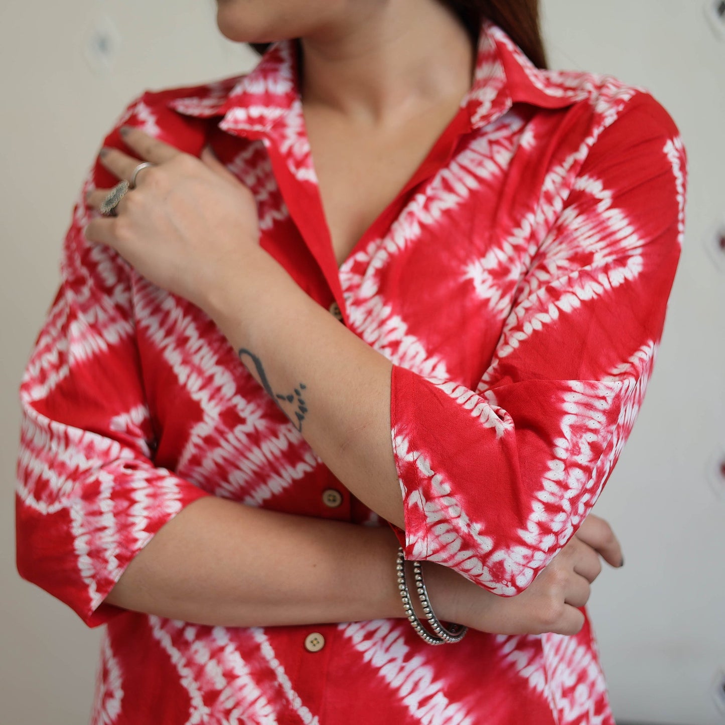  Red Tie & Dye Cotton Straight Shibori Kurta for Women