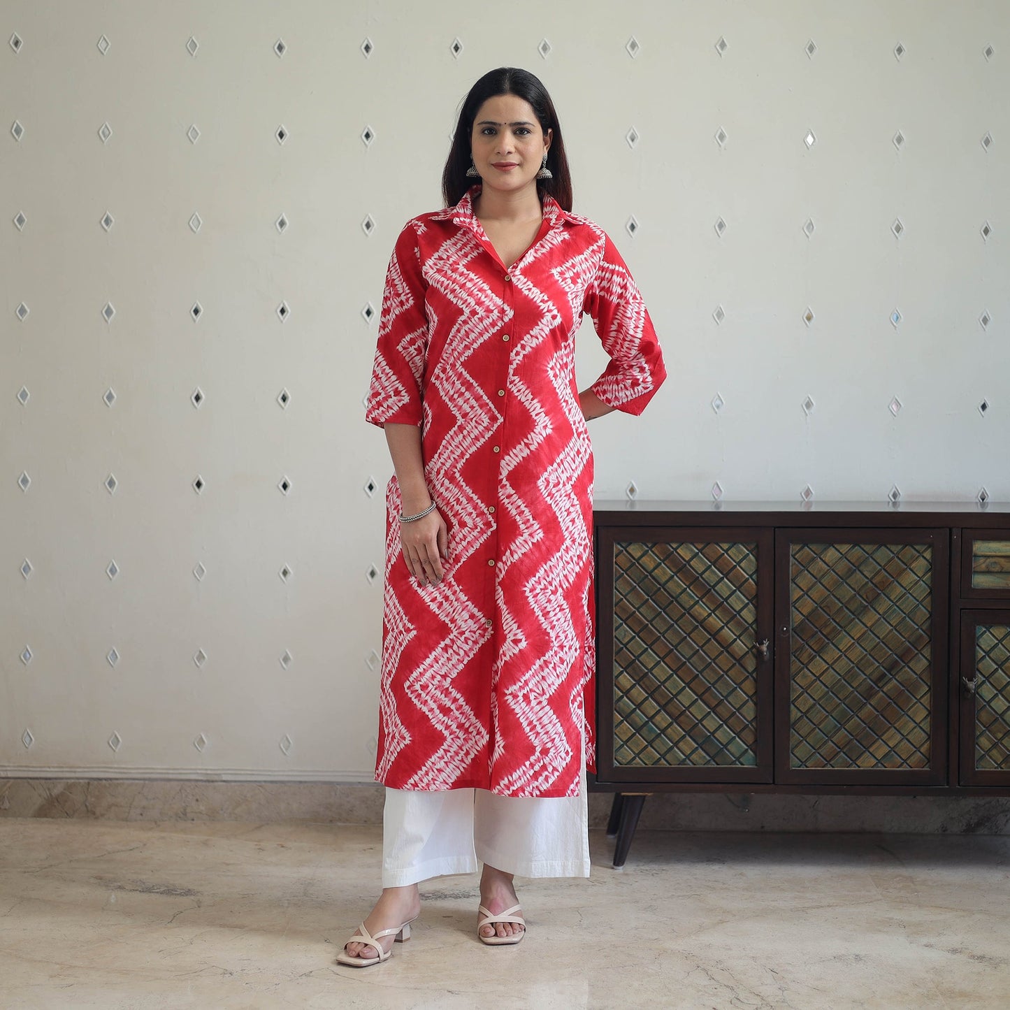  Red Tie & Dye Cotton Straight Shibori Kurta for Women