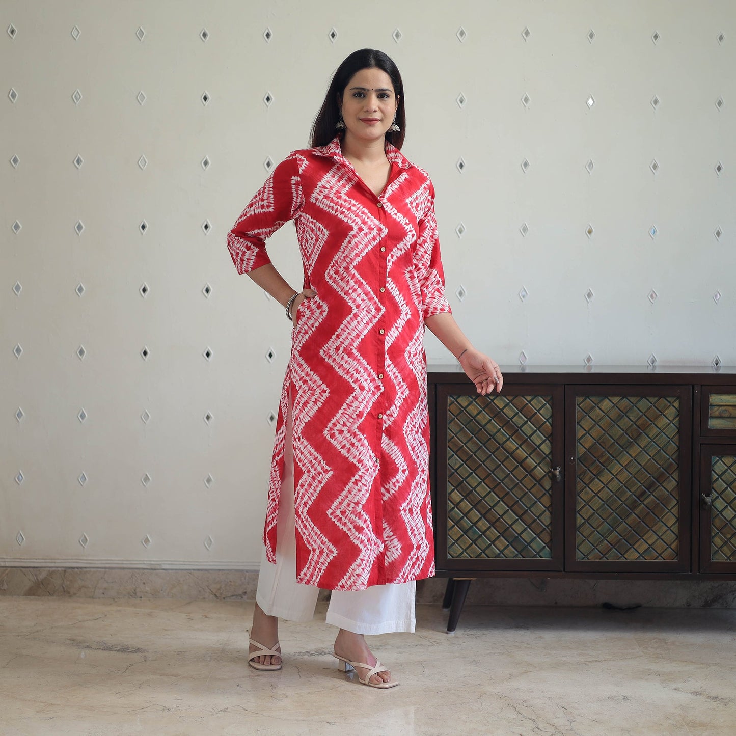  Red Tie & Dye Cotton Straight Shibori Kurta for Women