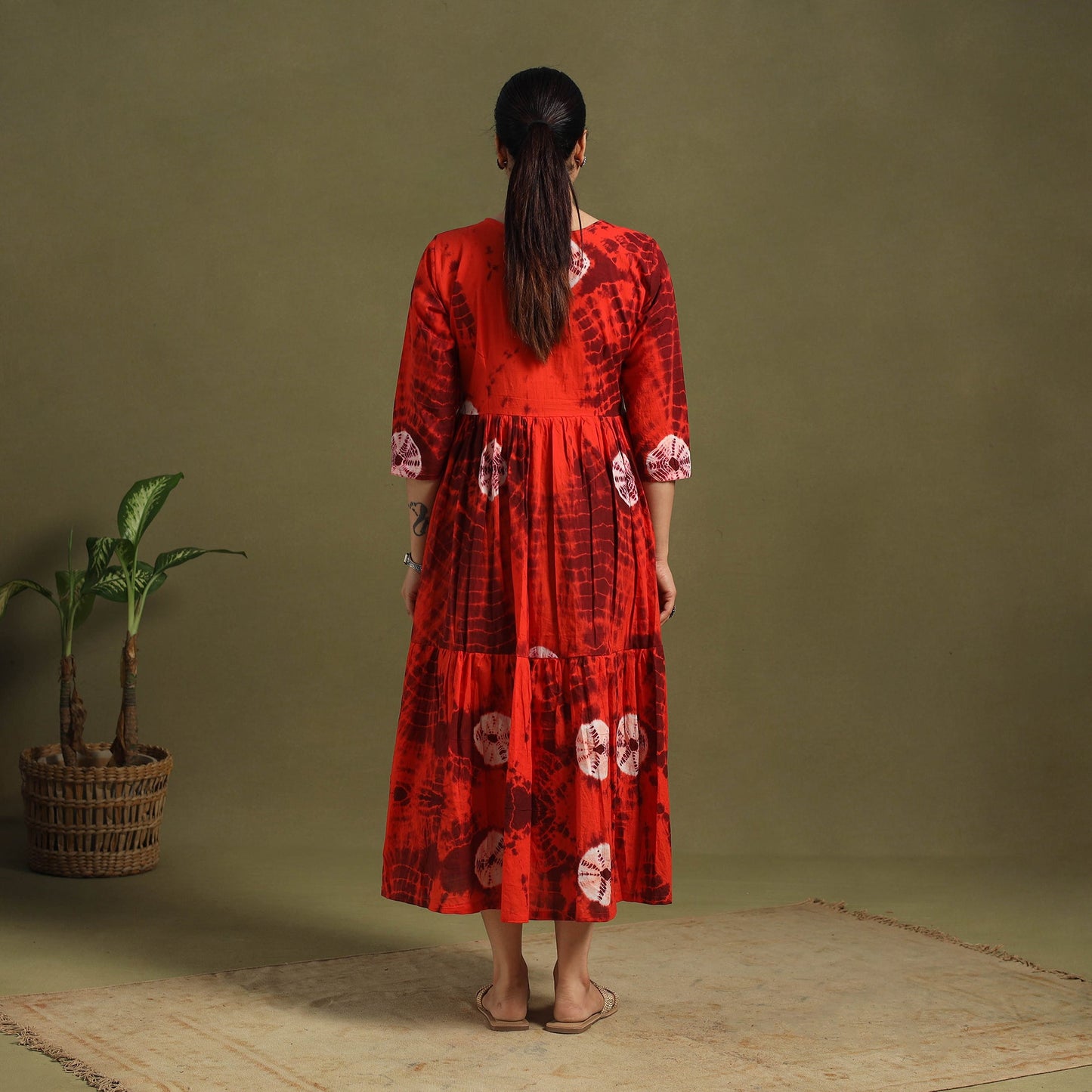 Red - tie-dye cotton tiered shibori dress 09 - handcrafted