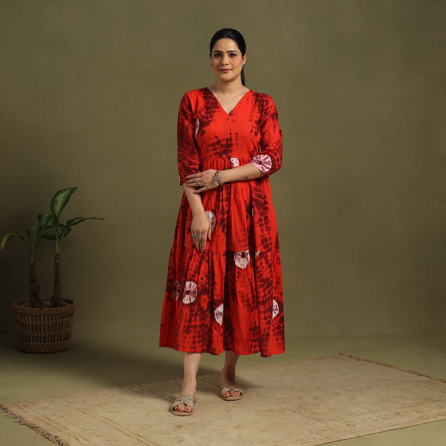 Red - tie-dye cotton tiered shibori dress 09 - handcrafted