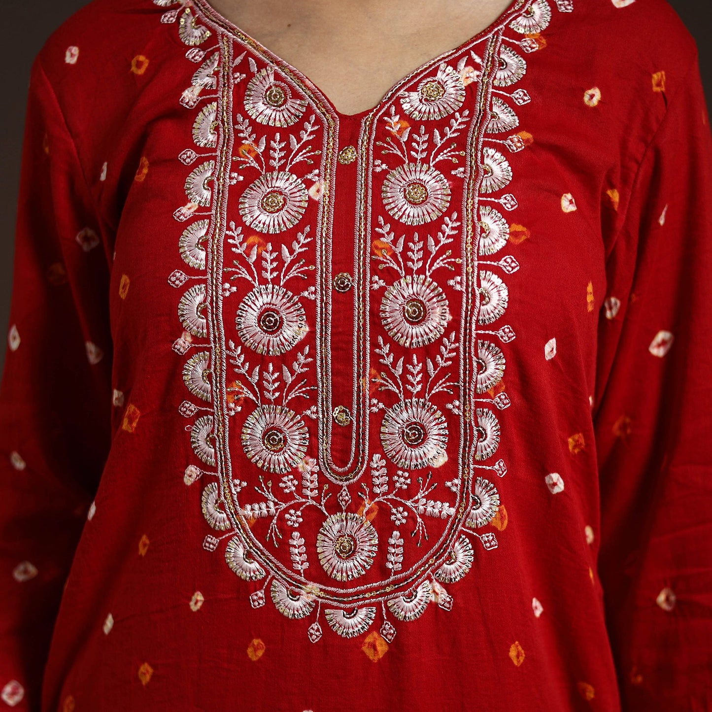 Red - tie-dye embroidered cotton bandhani kurta set (set