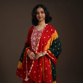 Red - tie-dye embroidered cotton bandhani kurta set (set