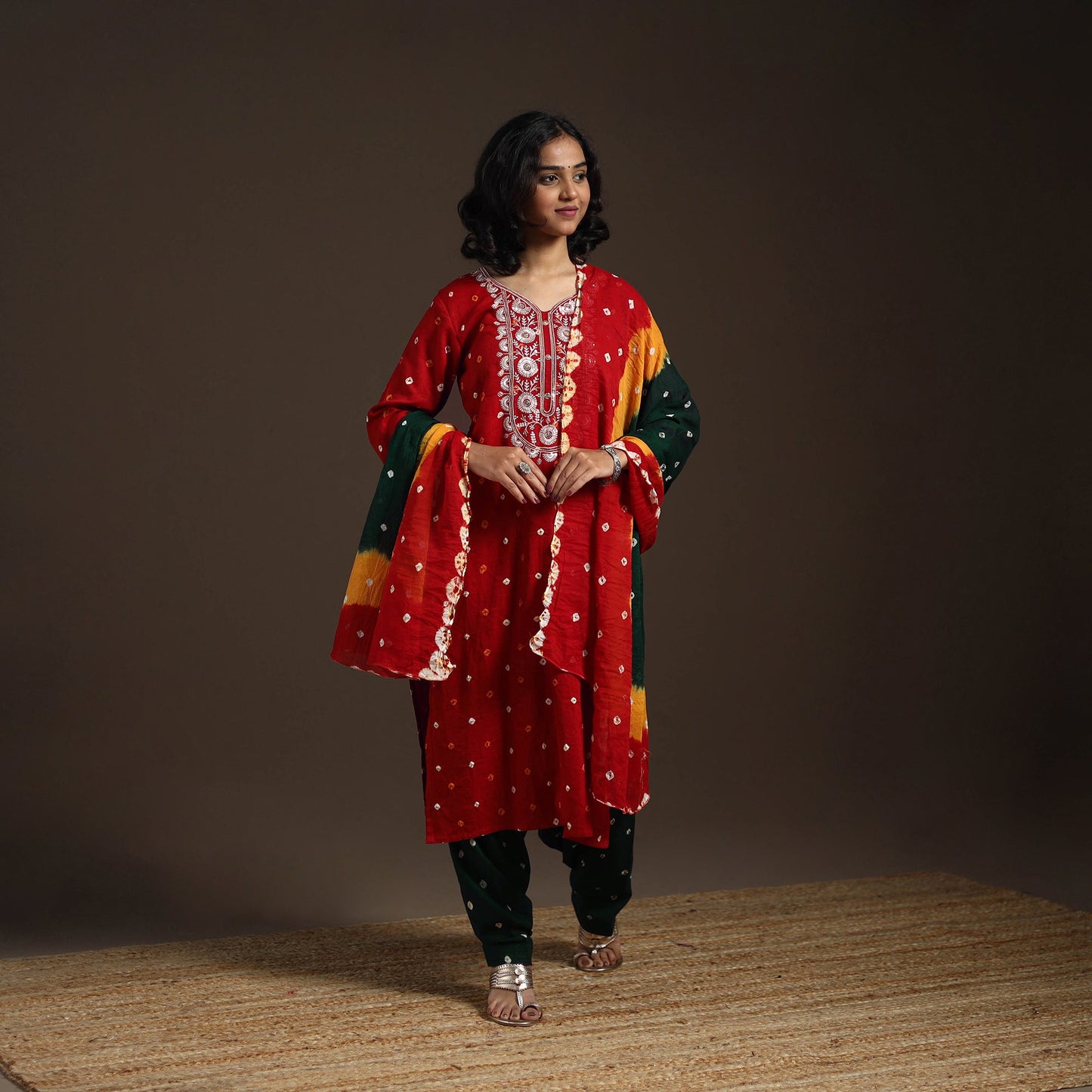 Red - tie-dye embroidered cotton bandhani kurta set (set