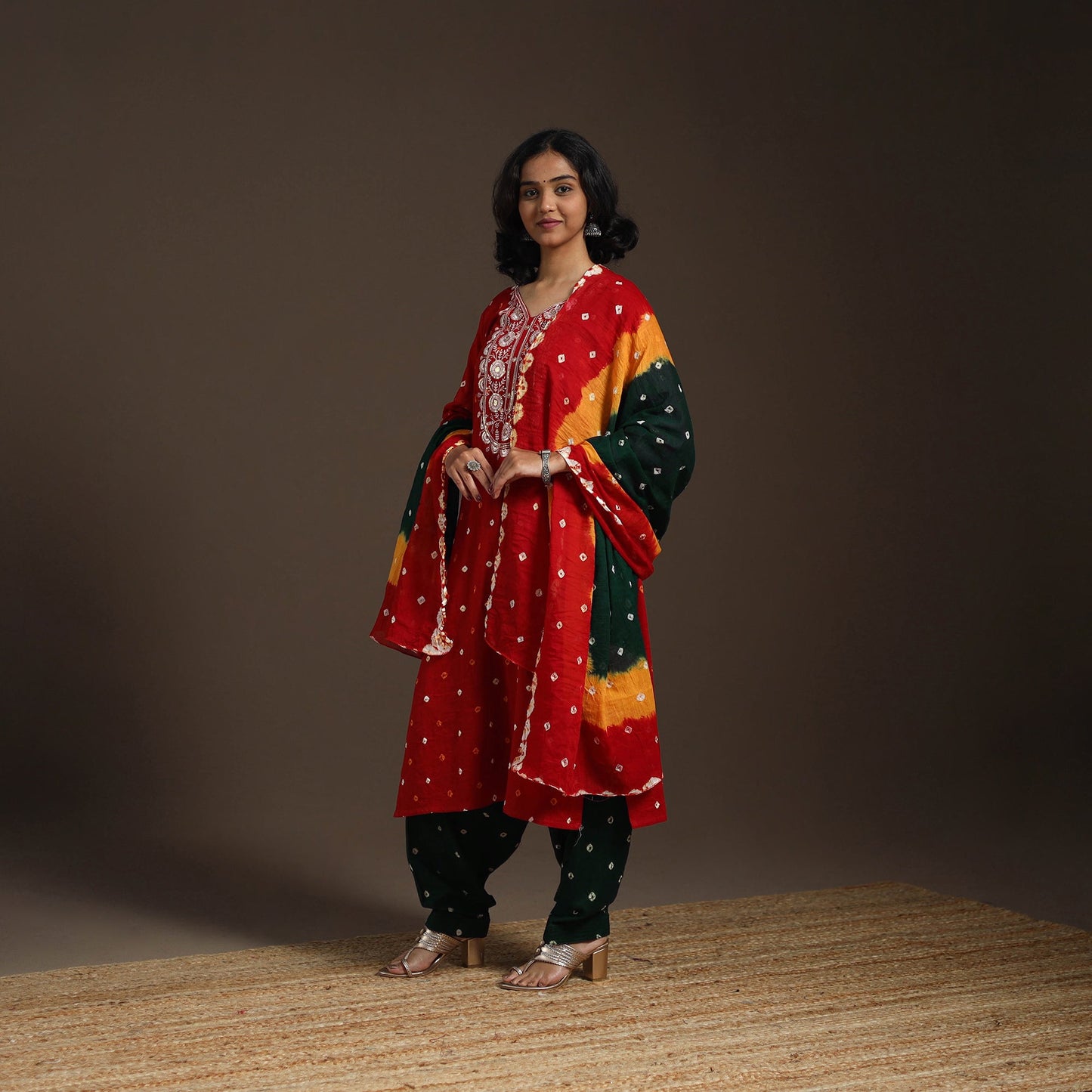 Red - tie-dye embroidered cotton bandhani kurta set (set