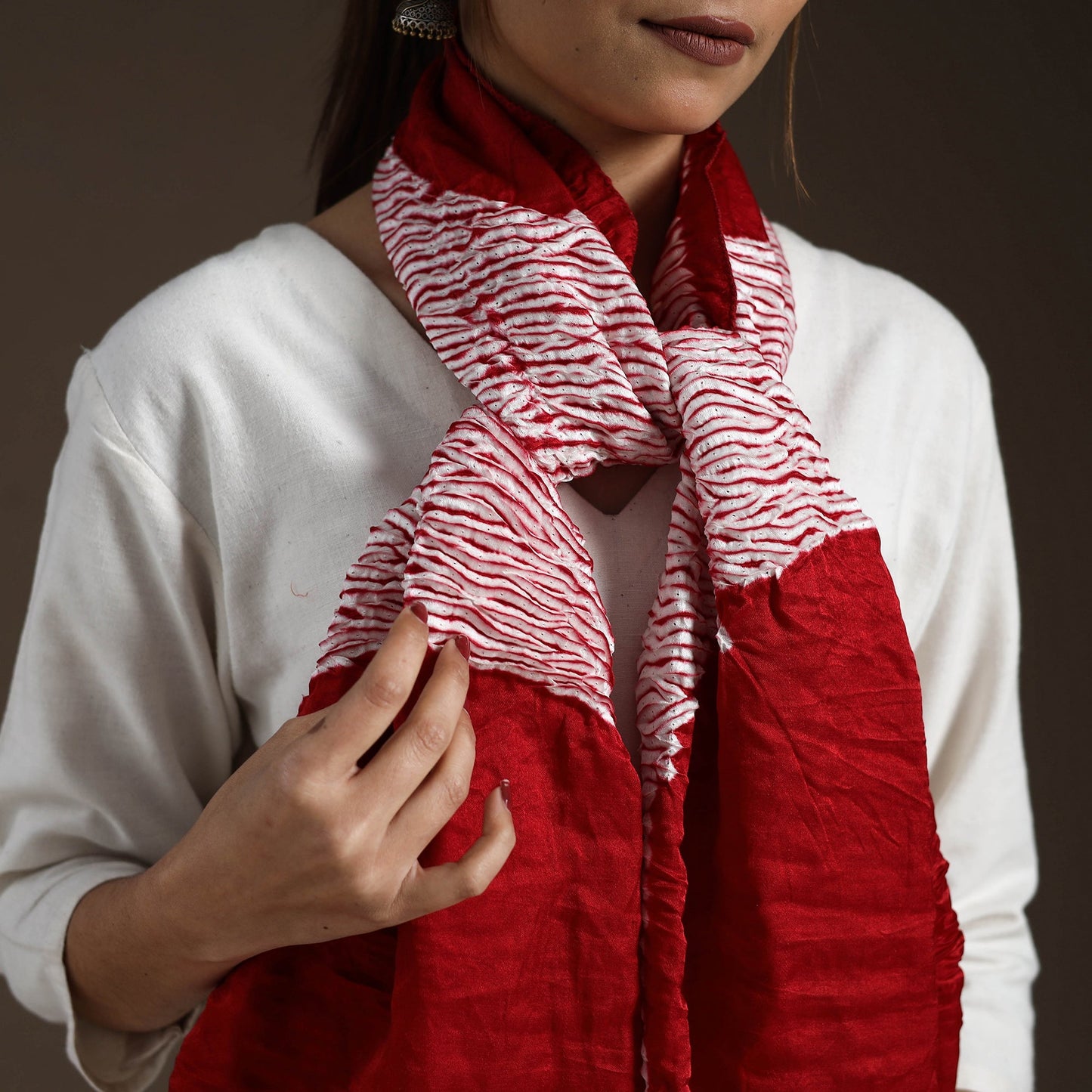  Red Tie & Dye Gajji Silk Shibori Stole 