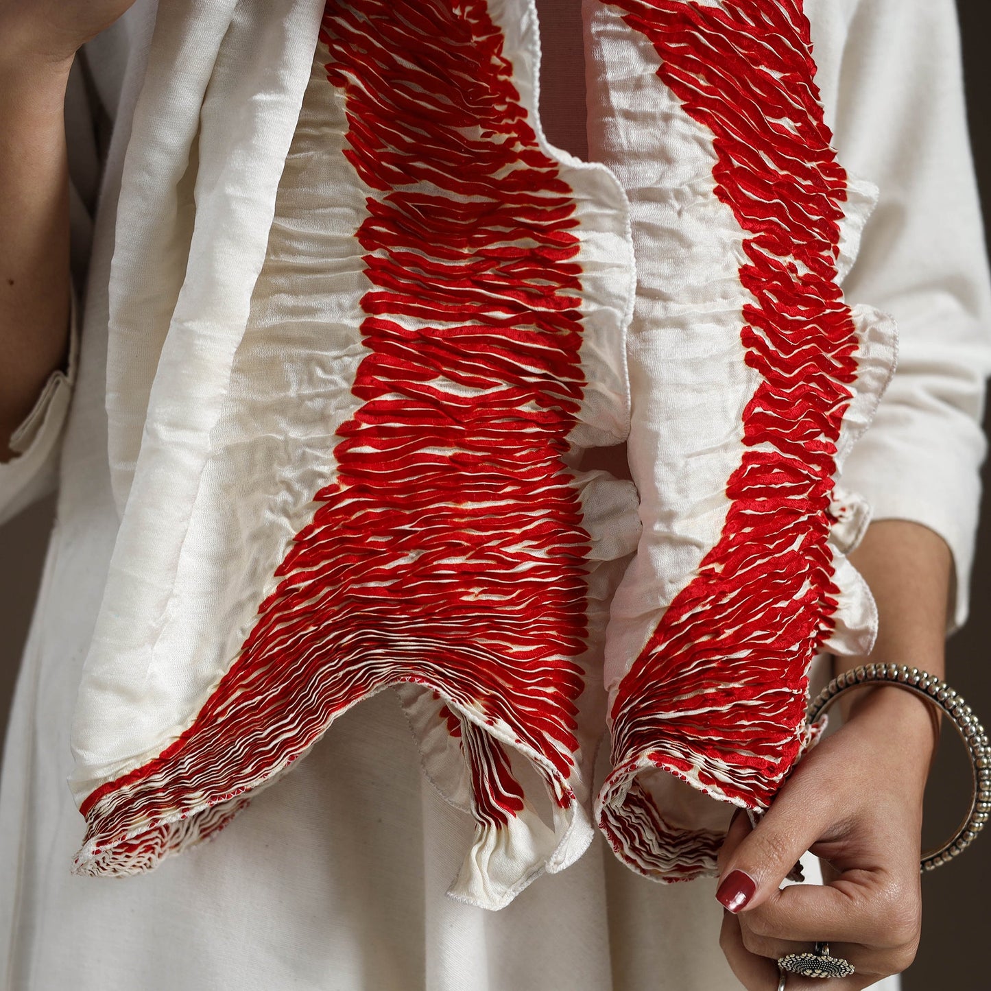 Red - tie & dye gajji silk shibori stole 19 - handcrafted