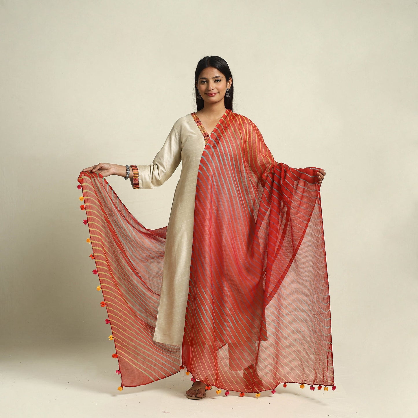 Buy Tie & Dye Red Kota Doria Cotton Leheriya Dupatta