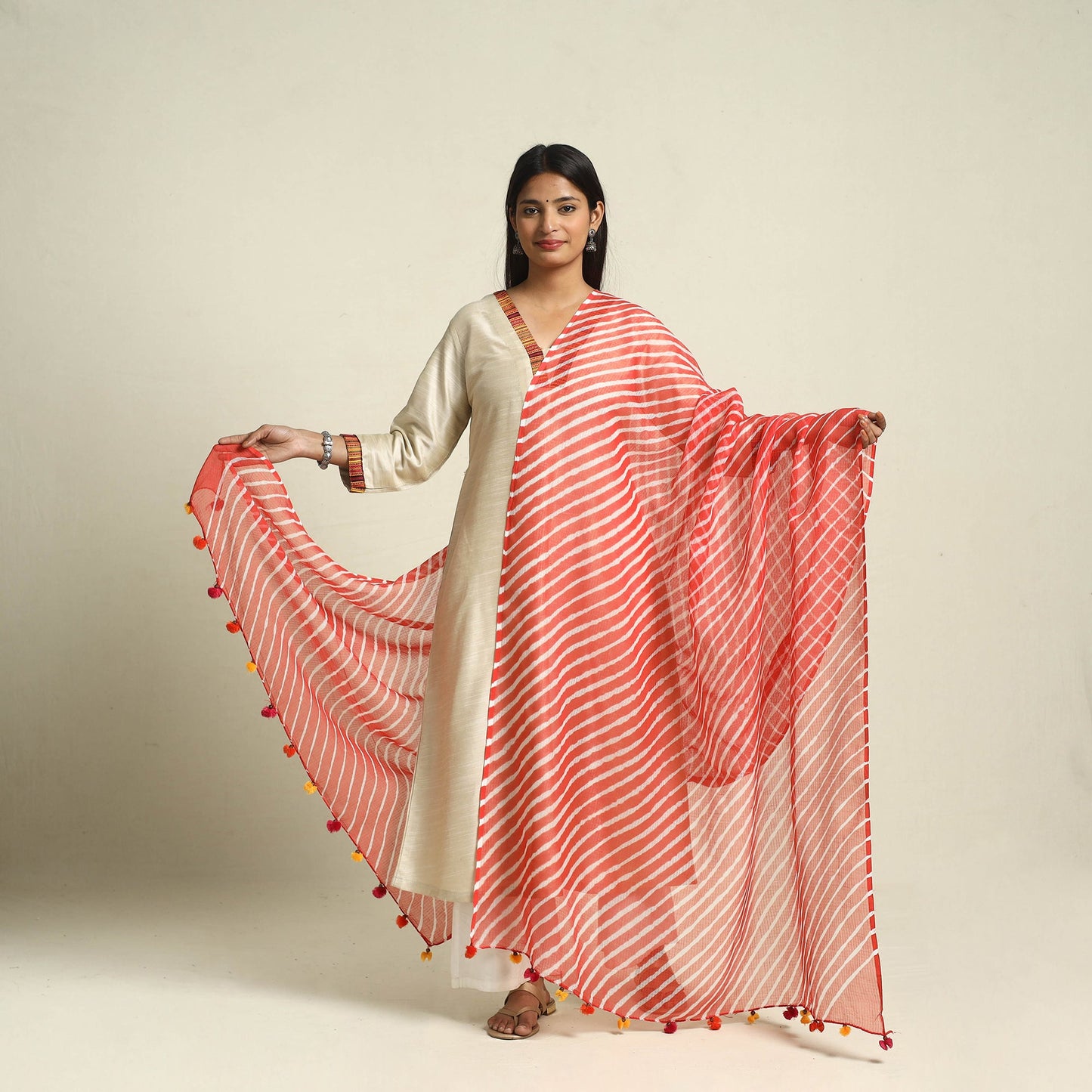  Red Tie & Dye Kota Doria Cotton Leheriya Dupatta