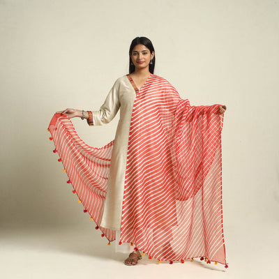  Red Tie & Dye Kota Doria Cotton Leheriya Dupatta