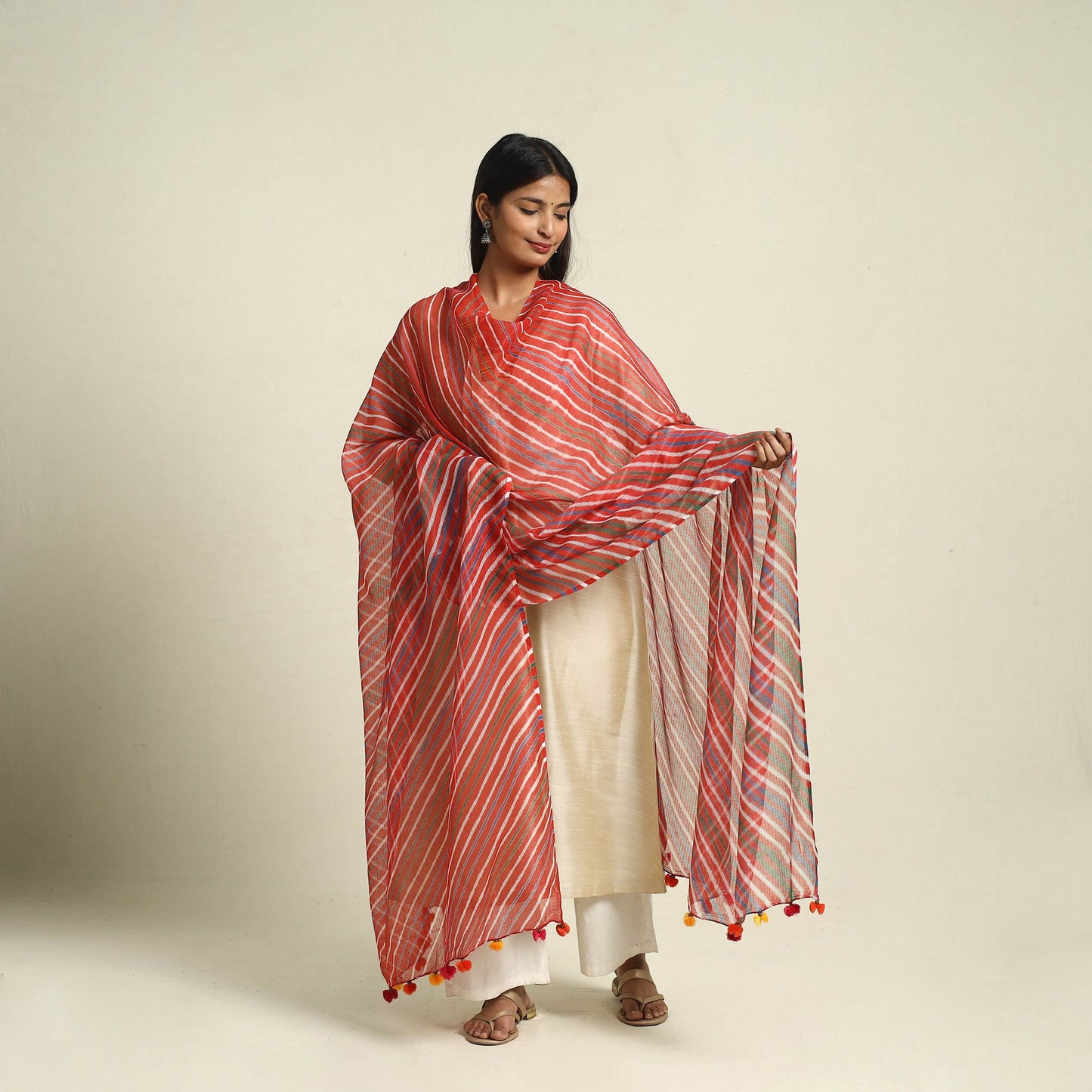 Buy Tie & Dye Red Kota Doria Cotton Leheriya Dupatta
