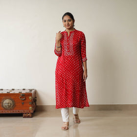 Red - tie & dye modal silk straight bandhani kurta 01