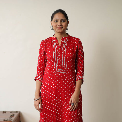 Red - tie & dye modal silk straight bandhani kurta 01