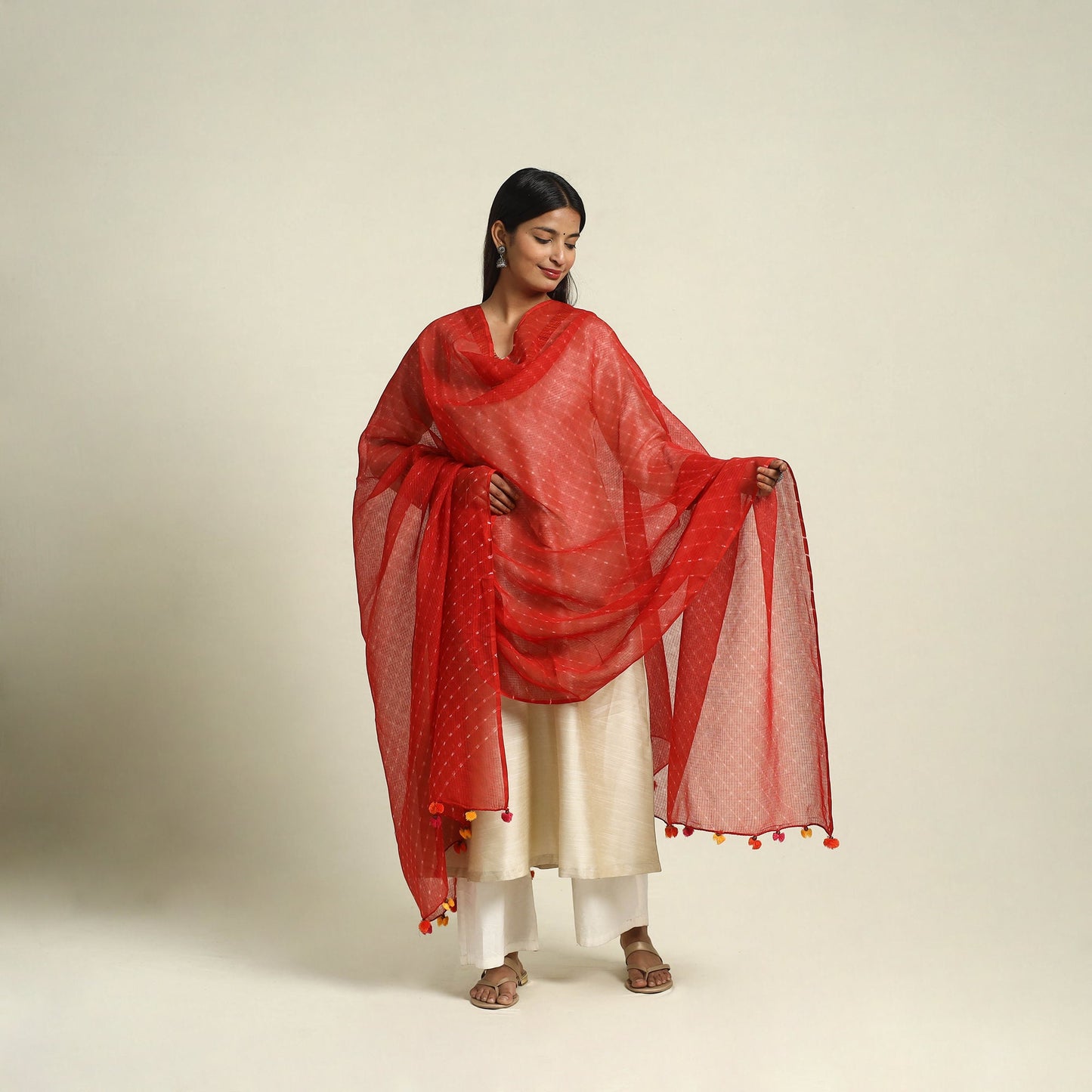 Buy Tie & Dye Mothra Red Kota Doria Cotton Leheriya Dupatta