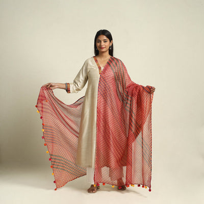  Tie & Dye Red Mothra Kota Doria Cotton Leheriya Dupatta