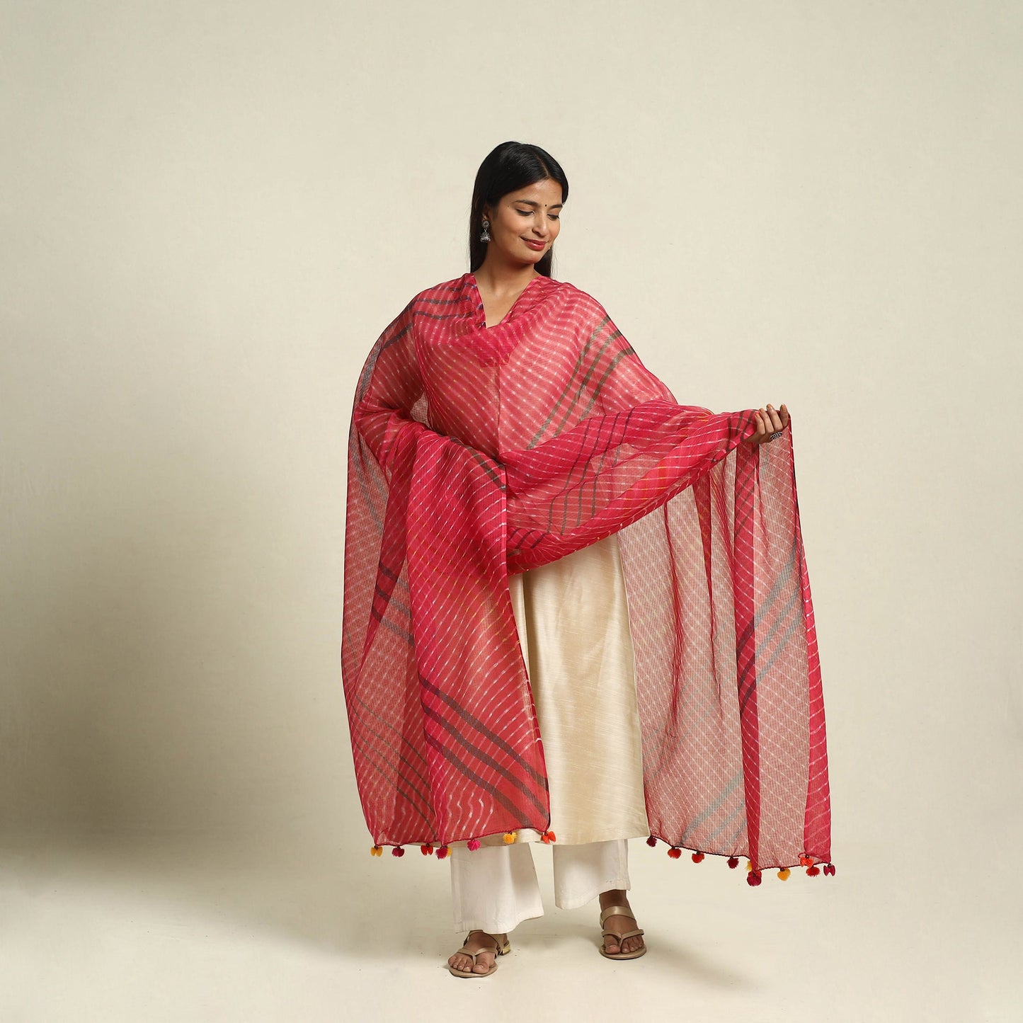  Tie & Dye Red Mothra Kota Doria Cotton Leheriya Dupatta