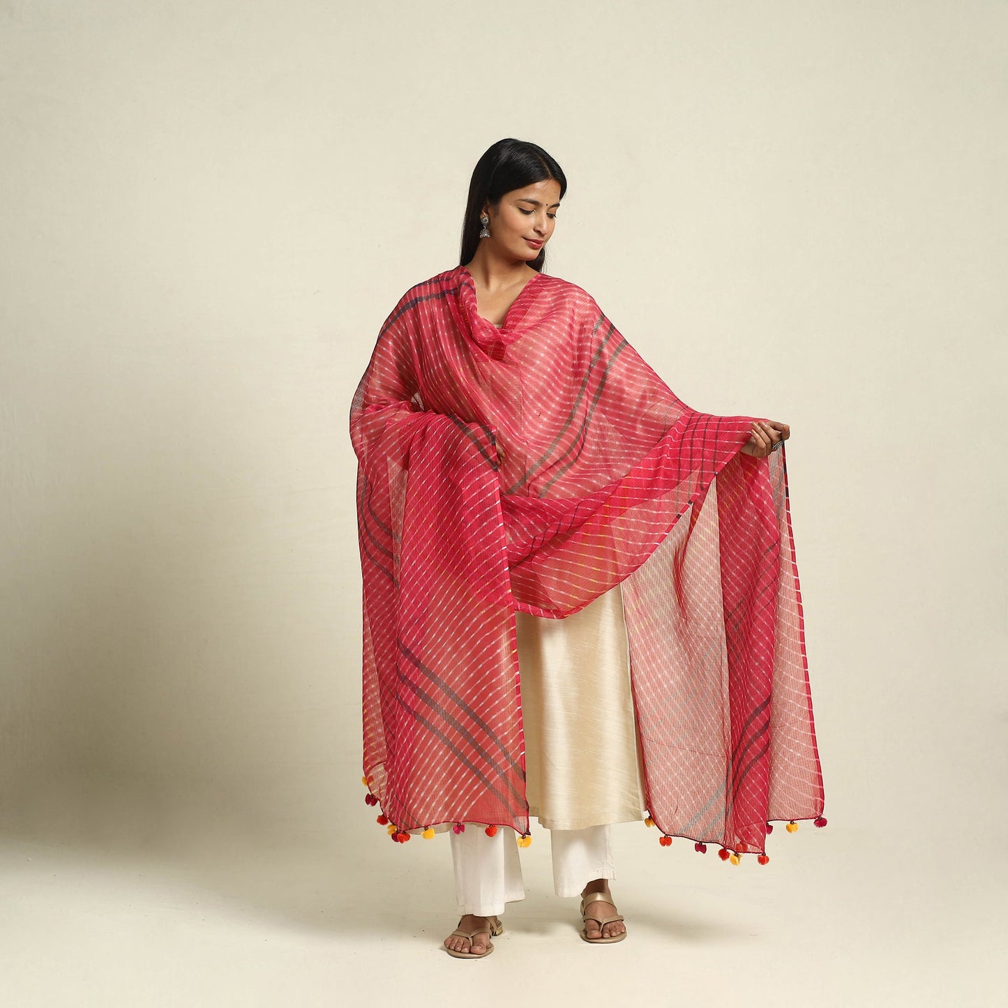 Red Tie & Dye Mothra Kota Doria Cotton Leheriya Dupatta