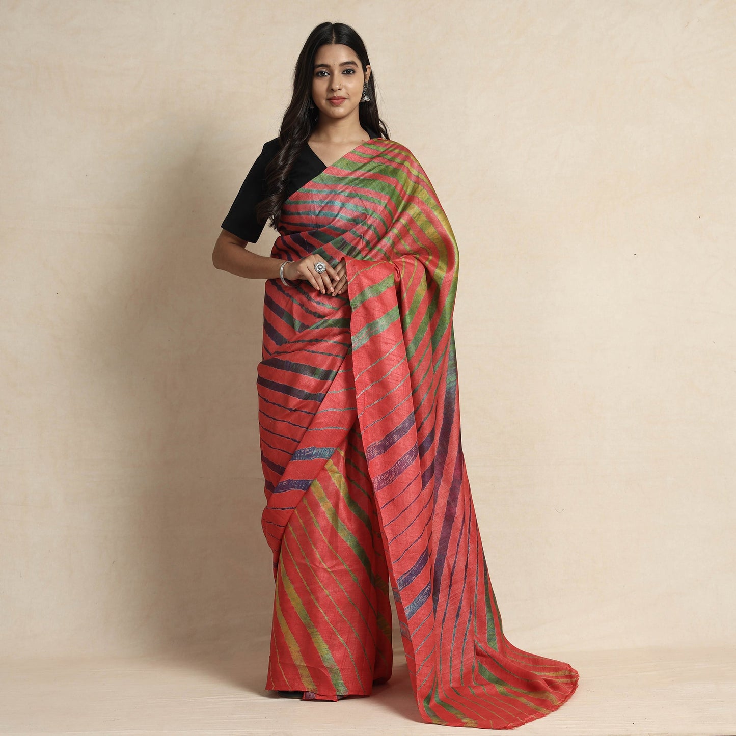  Red Leheriya Tie-Dye Tussar Silk Handloom Saree 