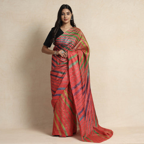  Red Leheriya Tie-Dye Tussar Silk Handloom Saree 