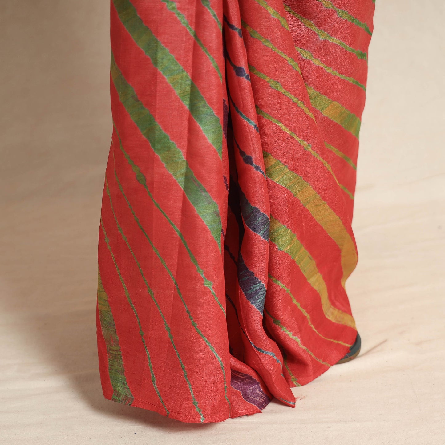  Red Leheriya Tie-Dye Tussar Silk Handloom Saree 