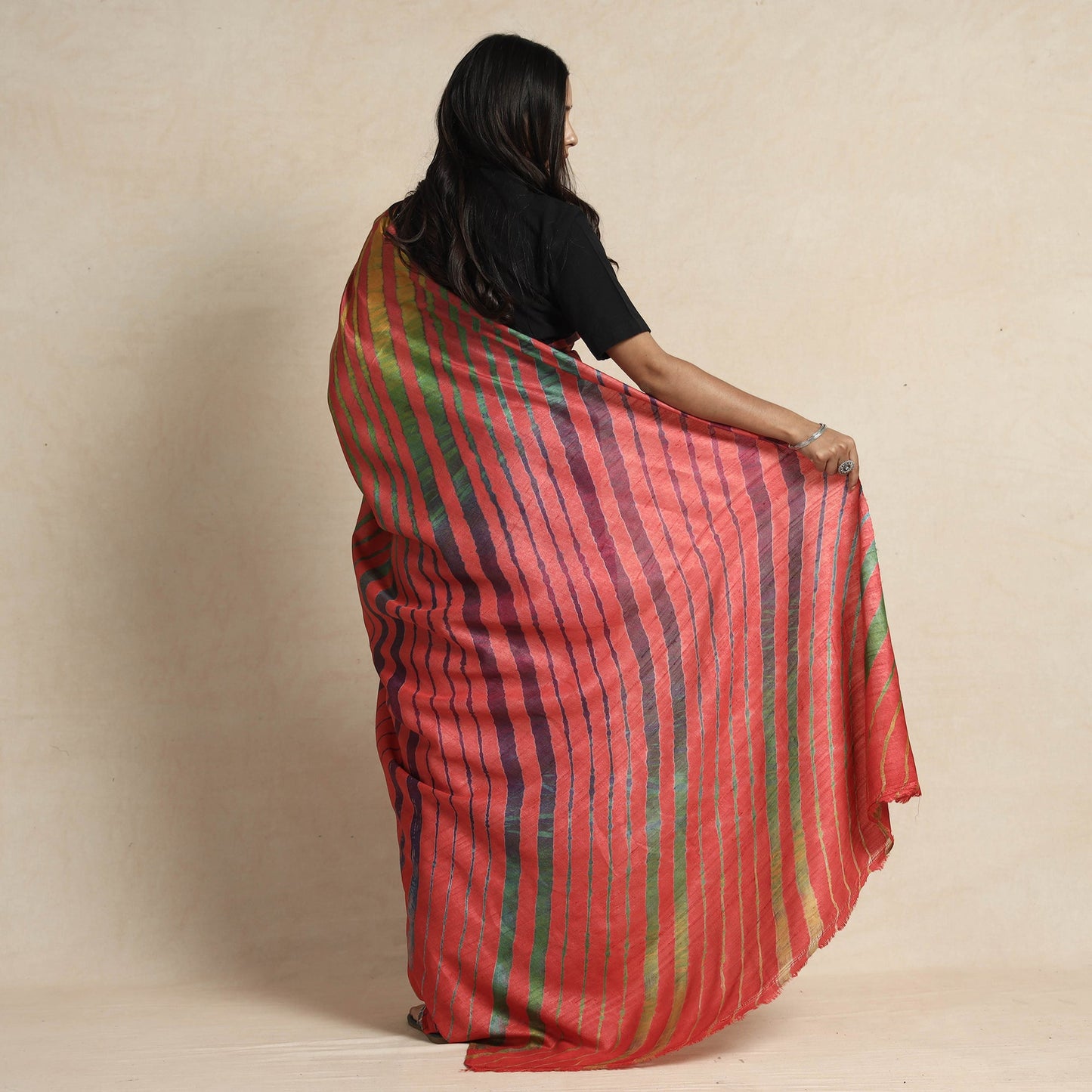  Red Leheriya Tie-Dye Tussar Silk Handloom Saree 
