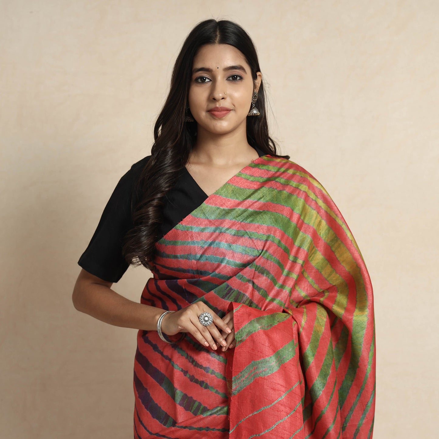  Red Leheriya Tie-Dye Tussar Silk Handloom Saree 