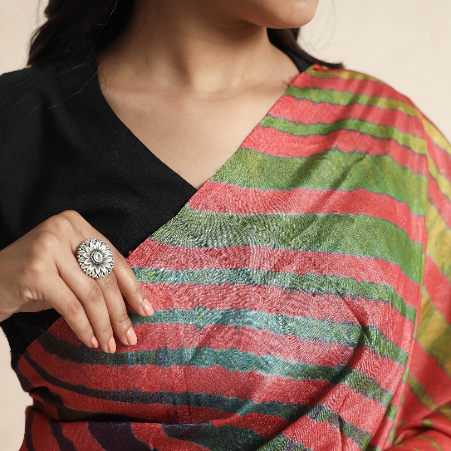  Red Leheriya Tie-Dye Tussar Silk Handloom Saree 