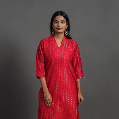 Red Traditional Cutwork Zari Buti Banarasi Silk Kurta for Women