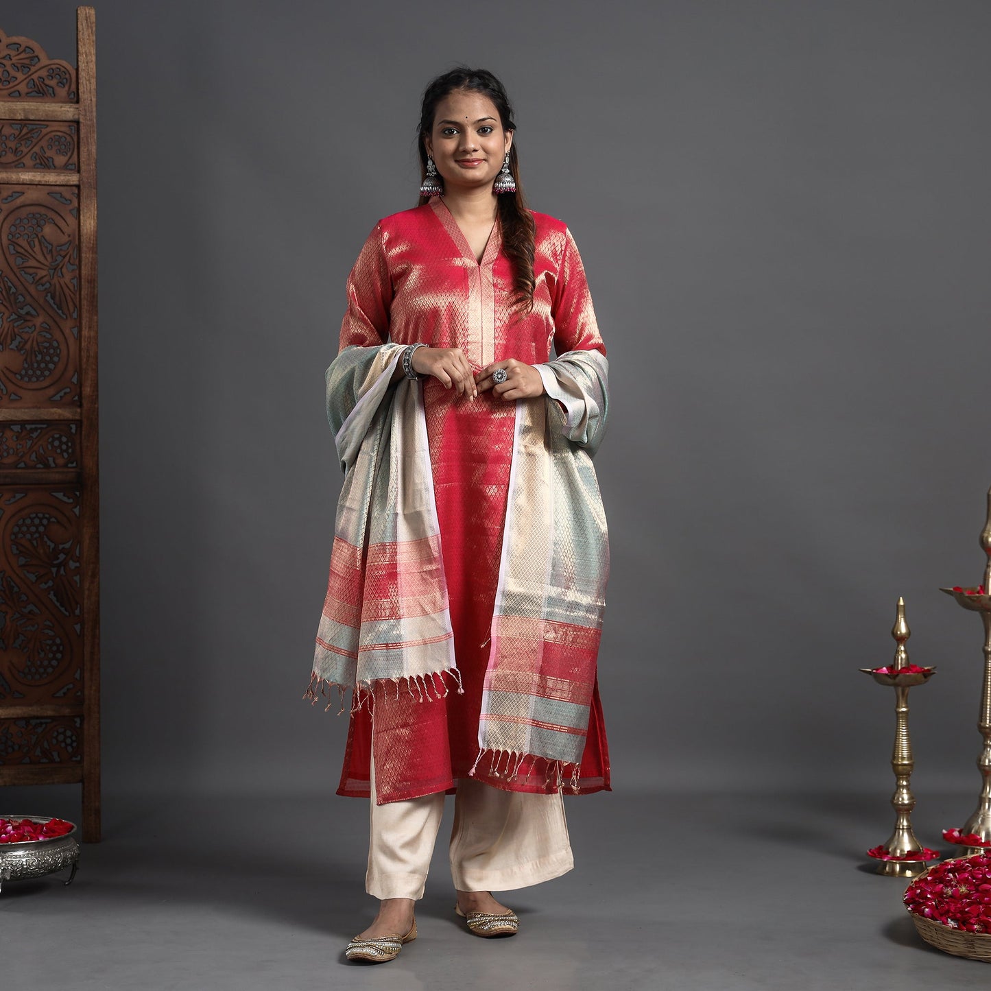 Traditional Maheshwari Tissue Zari Work Cotton Handloom Kurta with Dupatta Set 