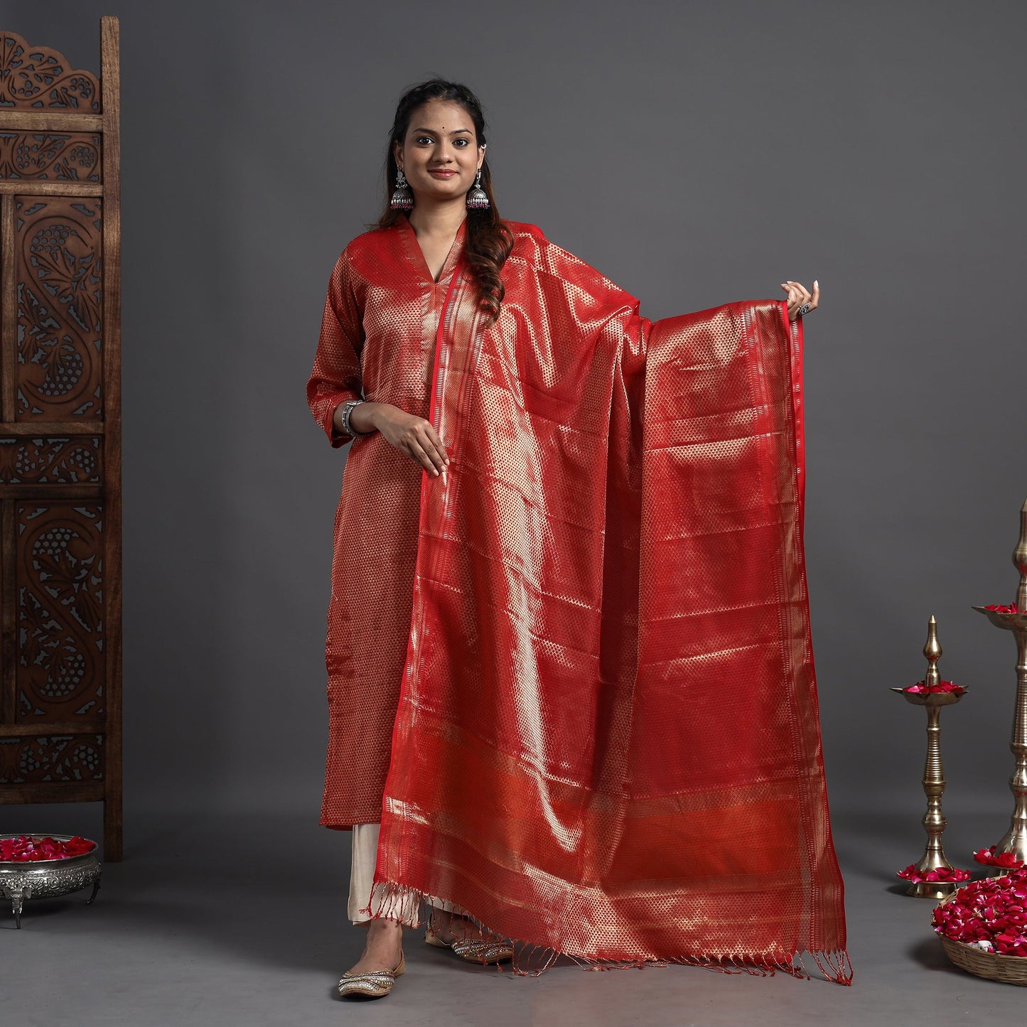  Traditional Maheshwari Tissue Zari Work Cotton Handloom Kurta with Dupatta Set 