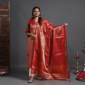  Traditional Maheshwari Tissue Zari Work Cotton Handloom Kurta with Dupatta Set 