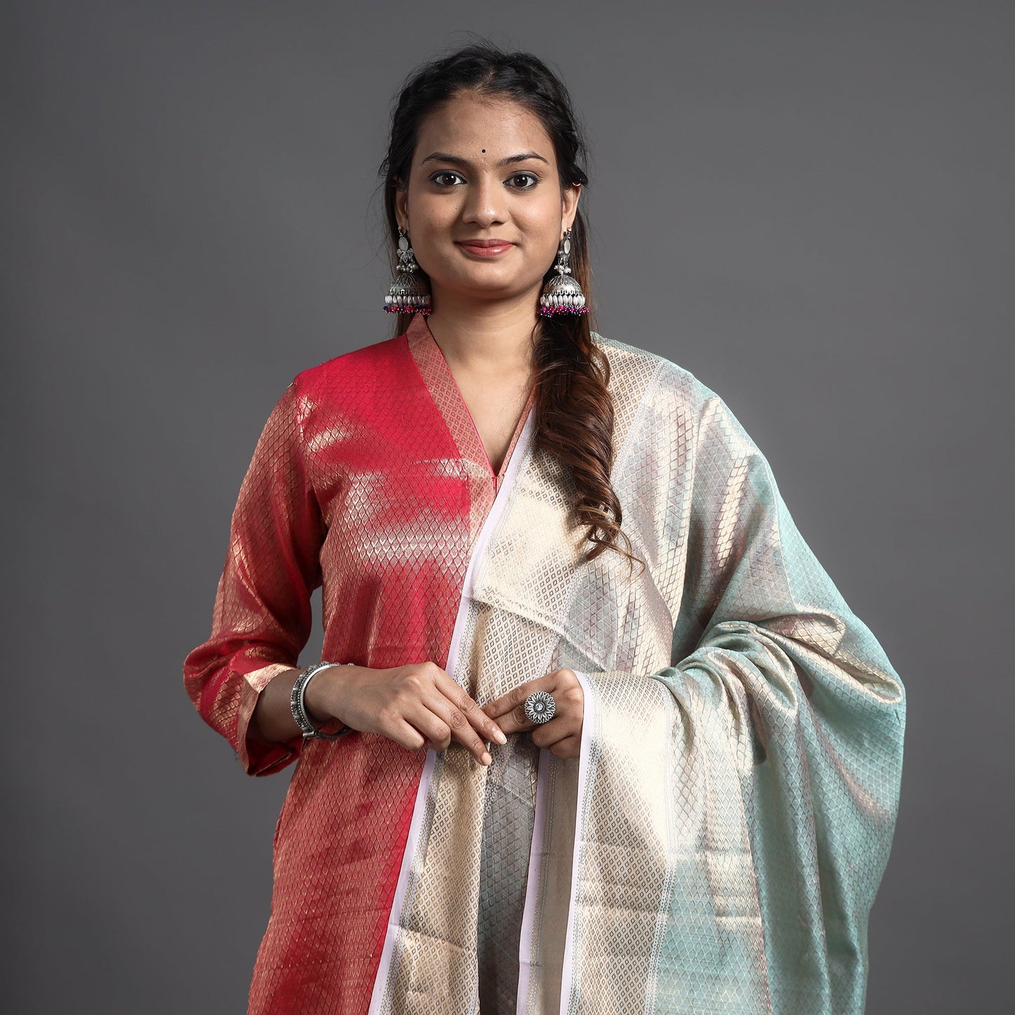  Traditional Maheshwari Tissue Zari Work Cotton Handloom Kurta with Dupatta Set 