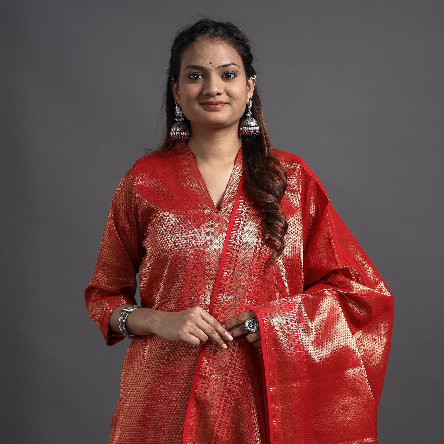  Traditional Maheshwari Tissue Zari Work Cotton Handloom Kurta with Dupatta Set 