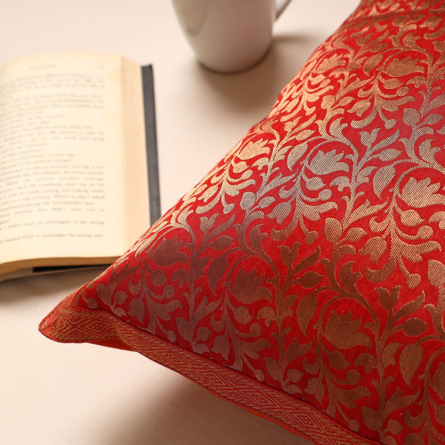 Red Traditional Pure Banarasi Silk Handwoven Zari Cushion Cover