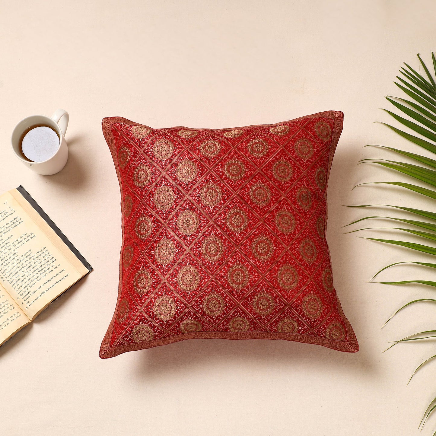 Red Traditional Pure Banarasi Silk Handwoven Zari Cushion Cover